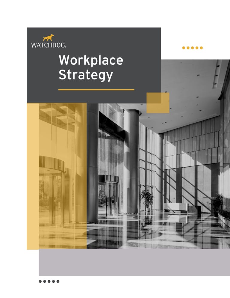 Cover of the Workplace Strategy resource showing a spacious building lobby, and the title