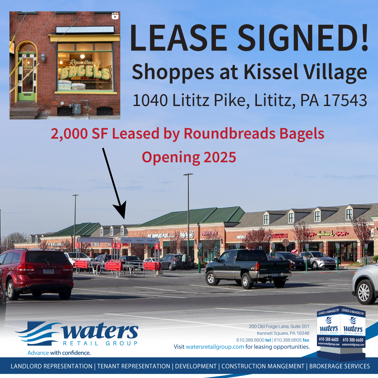 Roundbreads signs lease for a new 2,000 square bagel café at the Shoppes at Kissel Village in